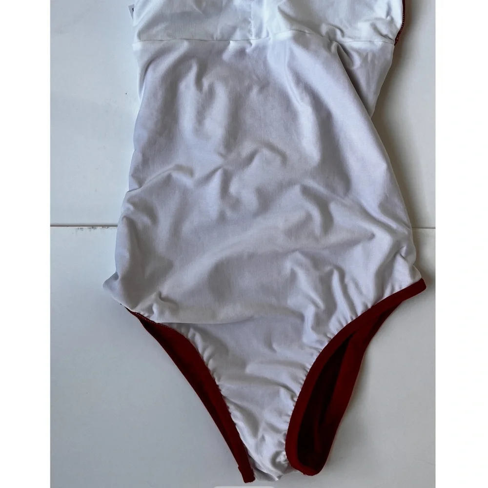 Venus One Piece Swimsuit Red w/ Gold Accents Strappy Back Sz 8 - Picture 3 of 7